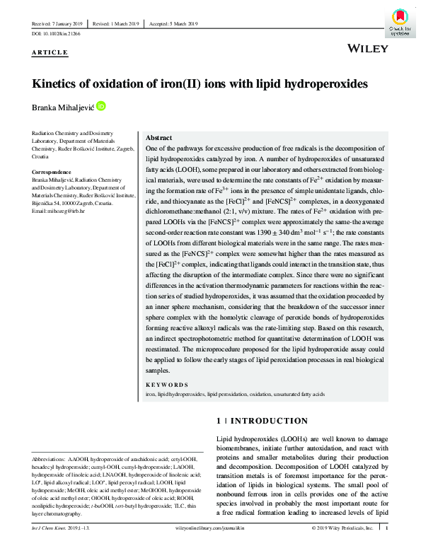 (PDF) Kinetics of oxidation of iron(II) ions with lipid hydroperoxides