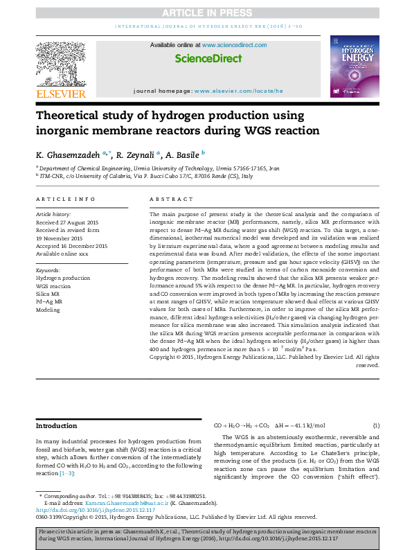 (PDF) Theoretical study of hydrogen production using inorganic membrane ...