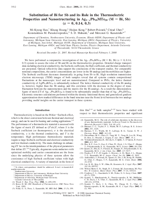 (PDF) Substitution of Bi for Sb and its Role in the Thermoelectric ...