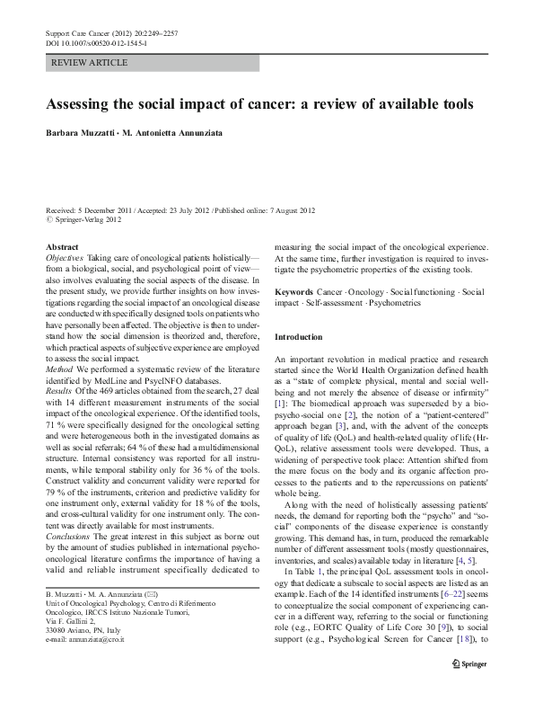 (PDF) Assessing the social impact of cancer: a review of available tools