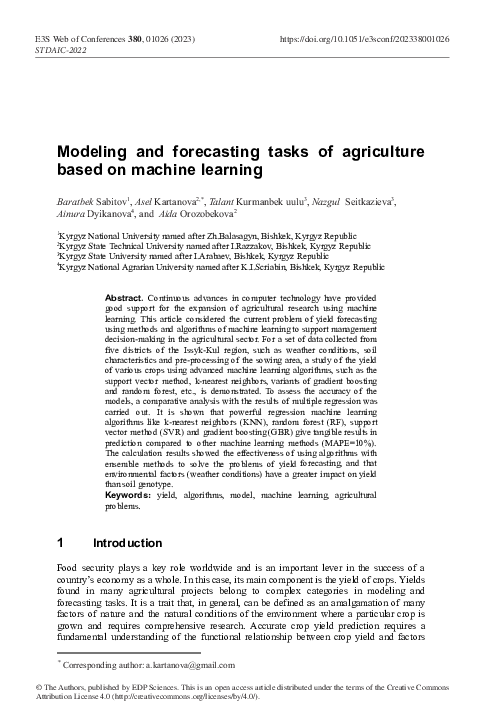 (PDF) Modeling and forecasting tasks of agriculture based on machine ...