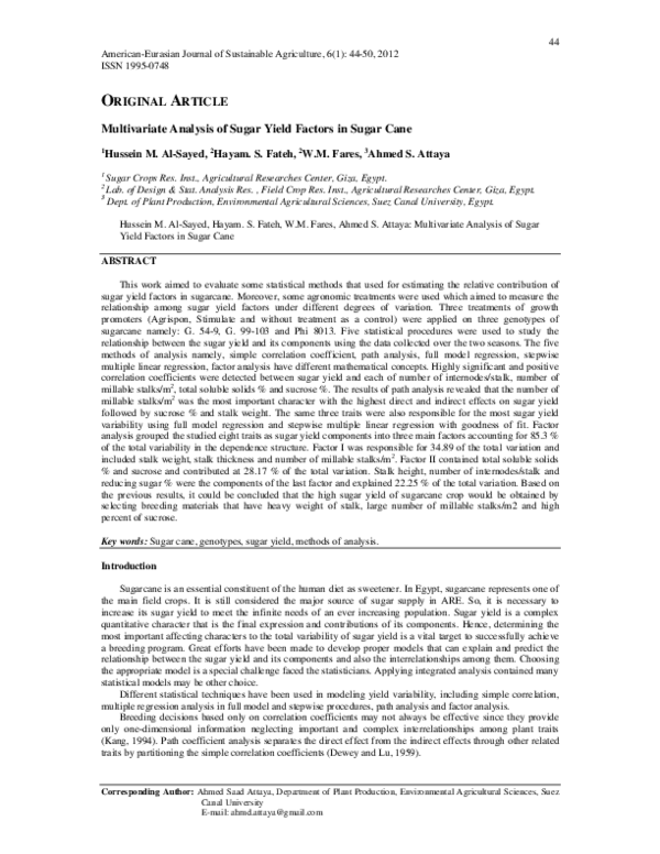 (PDF) Multivariate Analysis of Sugar Yield Factors in Sugar Cane