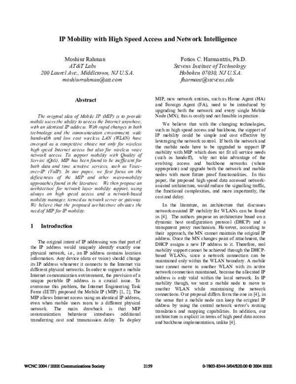 (PDF) IP mobility with high speed access and network intelligence