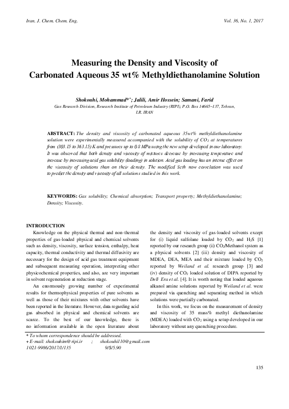 (PDF) Measuring the Density and Viscosity of Carbonated Aqueous 35 wt ...