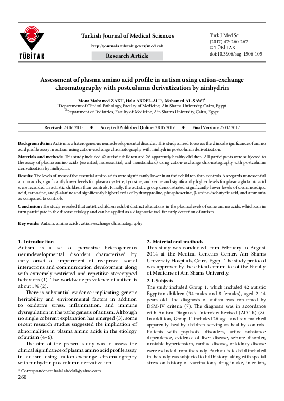 (PDF) Assessment of plasma amino acid profile in autism using cation ...