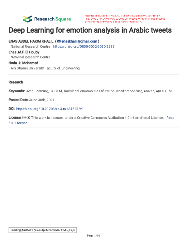 (PDF) Deep Learning for emotion analysis in Arabic tweets