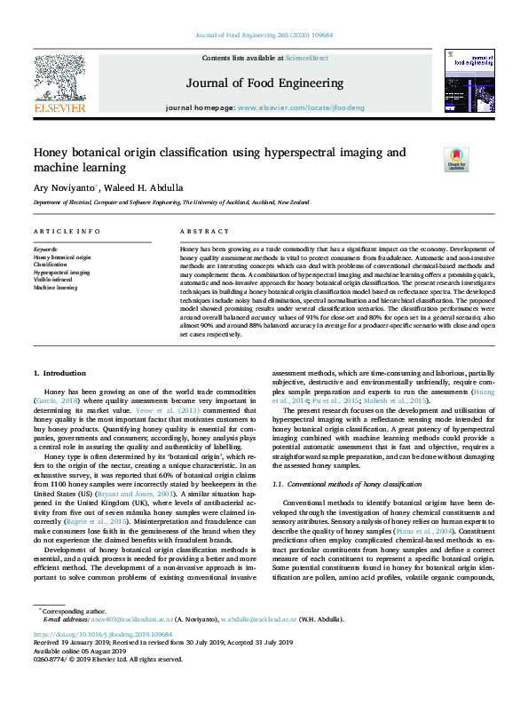 (PDF) Honey botanical origin classification using hyperspectral imaging ...