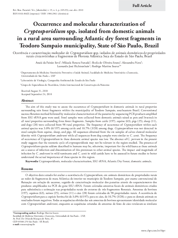(PDF) Occurrence and molecular characterization of Cryptosporidium spp ...