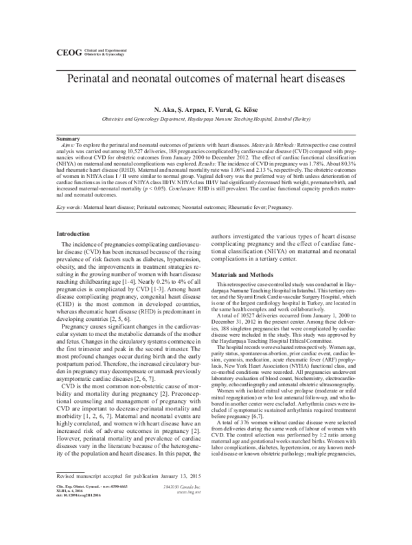 (PDF) Perinatal and neonatal outcomes of maternal heart diseases
