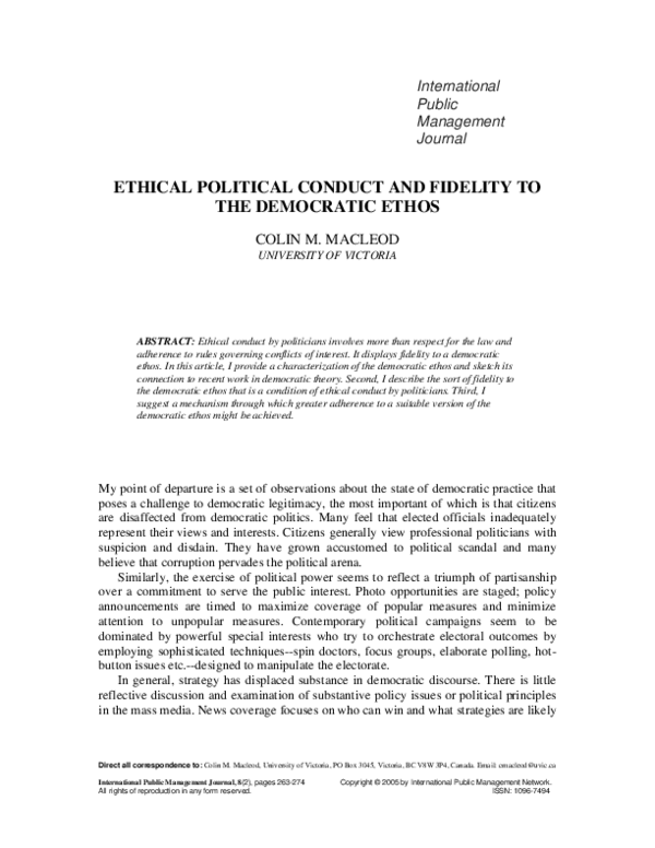 (PDF) Ethical Political Conduct and Fidelity to the Democratic Ethos