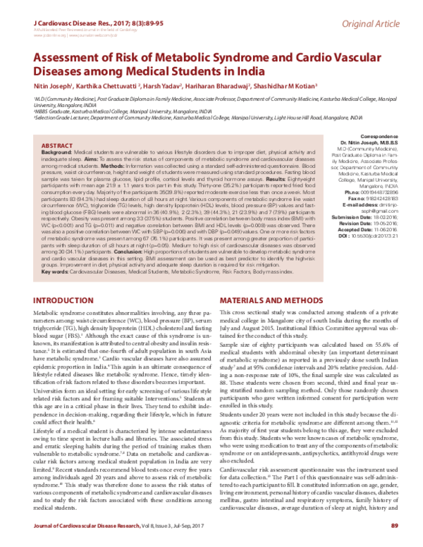 (PDF) Assessment of Risk of Metabolic Syndrome and Cardio Vascular ...