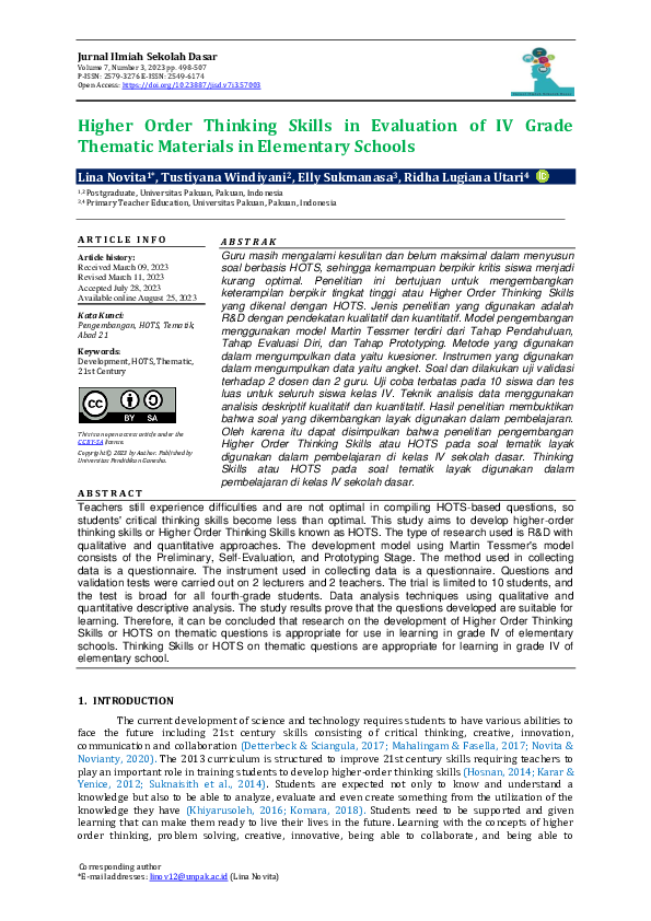 (PDF) Higher Order Thinking Skills in Evaluation of IV Grade Thematic ...