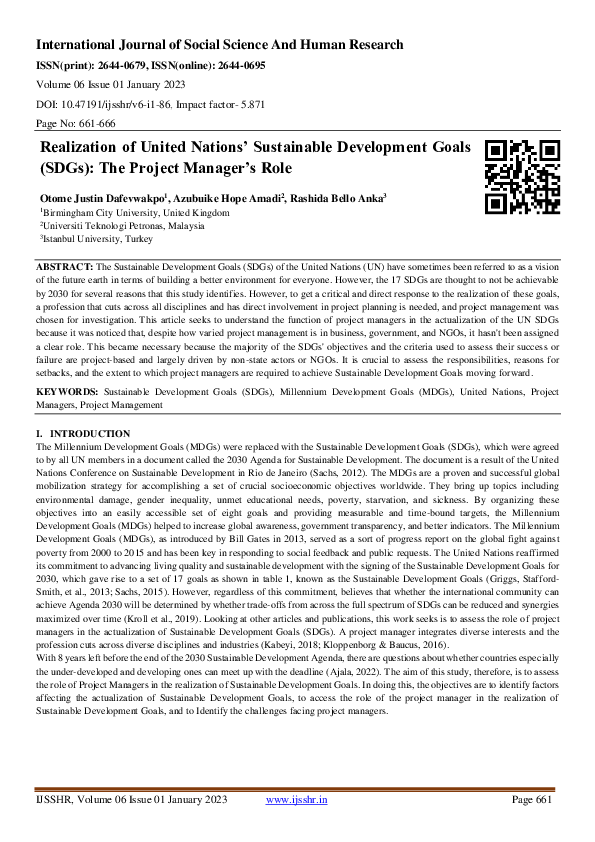 (PDF) Realization of United Nations’ Sustainable Development Goals ...