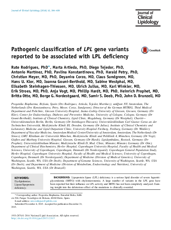 (PDF) Pathogenic classification of LPL gene variants reported to be ...