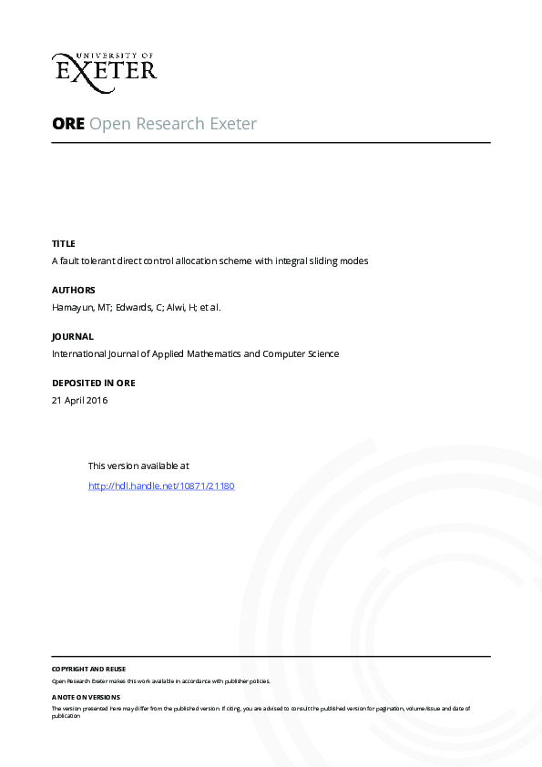 (PDF) A Fault Tolerant Direct Control Allocation Scheme with Integral ...