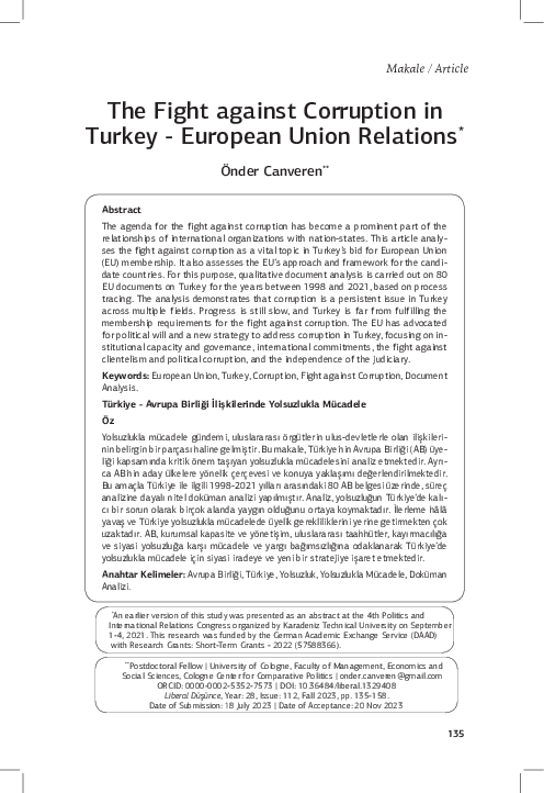 (PDF) The Fight against Corruption in Turkey -European Union Relations
