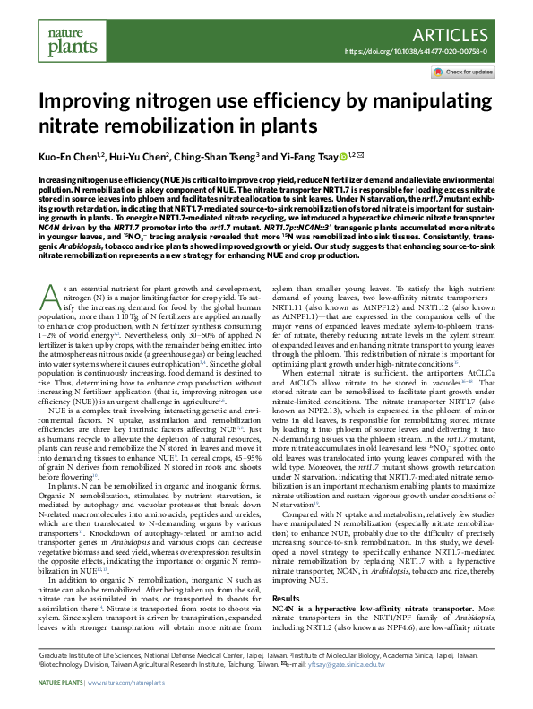 (PDF) Improving nitrogen use efficiency by manipulating nitrate ...