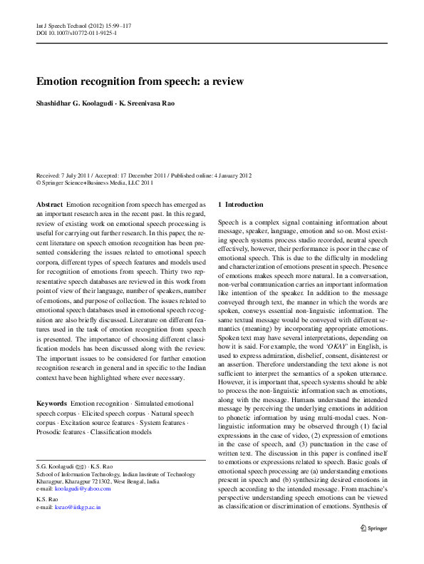 (PDF) Emotion recognition from speech: a review