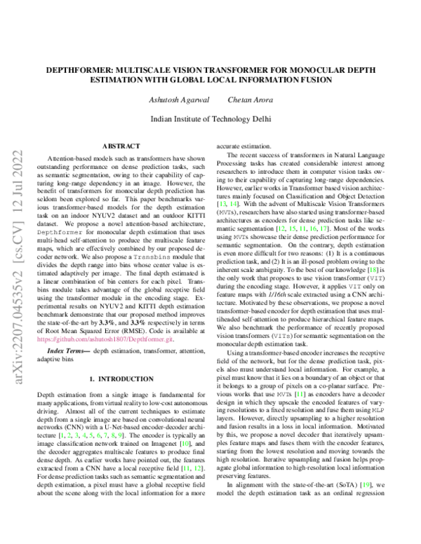 (PDF) Depthformer : Multiscale Vision Transformer For Monocular Depth ...