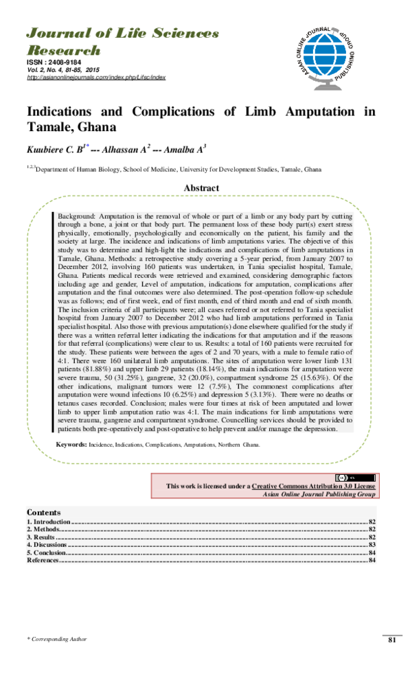 (PDF) Indications and Complications of Limb Amputation in Tamale, Ghana