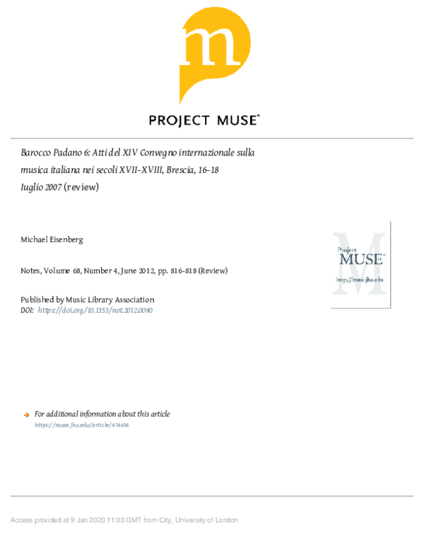 Barocco Padano 6, Atti del XIV Convegno internazionale sulla musica nei secoli XVII-XVIII, Brescia 16-18 luglio 2007, a cura di A. Colzani, A. Luppi, M. Padoan, A.M.I.S., Como 2010, pp. 700