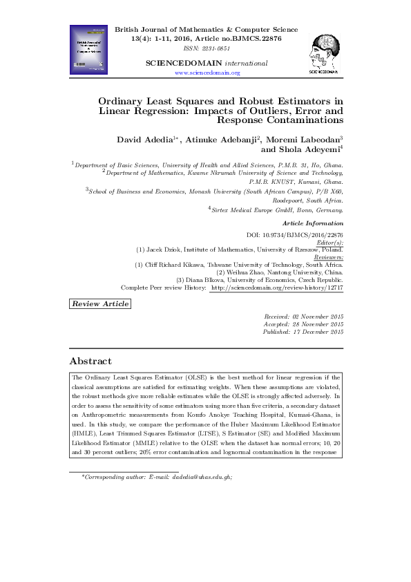 (PDF) Ordinary Least Squares and Robust Estimators in Linear Regression ...