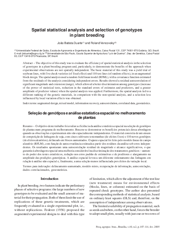 (PDF) Spatial statistical analysis and selection of genotypes in plant ...