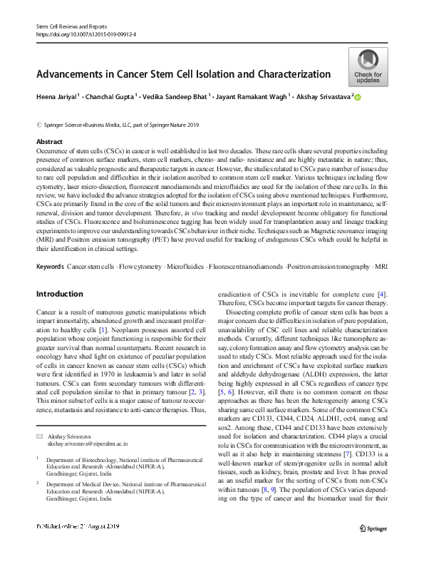 (PDF) Advancements in Cancer Stem Cell Isolation and Characterization