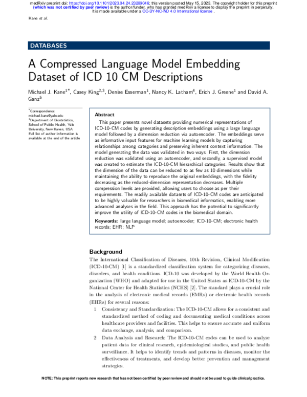 (PDF) A Compressed Large Language Model Embedding Dataset of ICD 10 CM ...