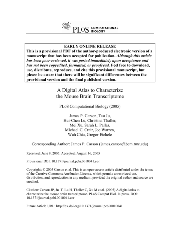 (PDF) A Digital Atlas to Characterize the Mouse Brain Transcriptome