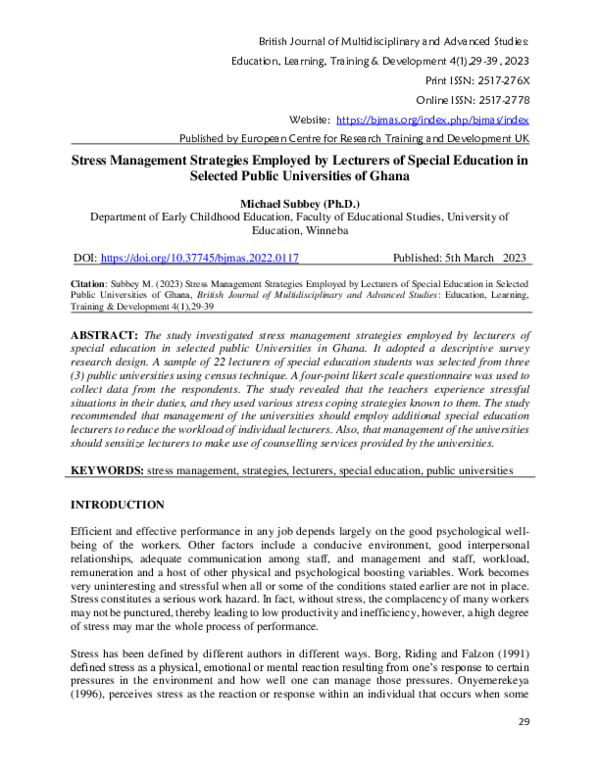 (PDF) Stress Management Strategies Employed by Lecturers of Special ...