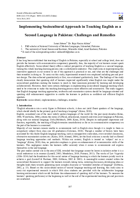 (PDF) Implementing Sociocultural Approach in Teaching English as a ...