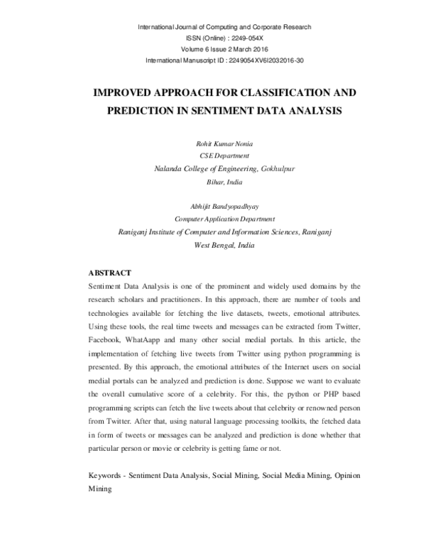 (PDF) IMPROVED APPROACH FOR CLASSIFICATION AND PREDICTION IN SENTIMENT ...