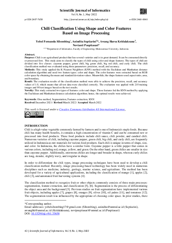 (PDF) Chili Classification Using Shape and Color Features Based on ...