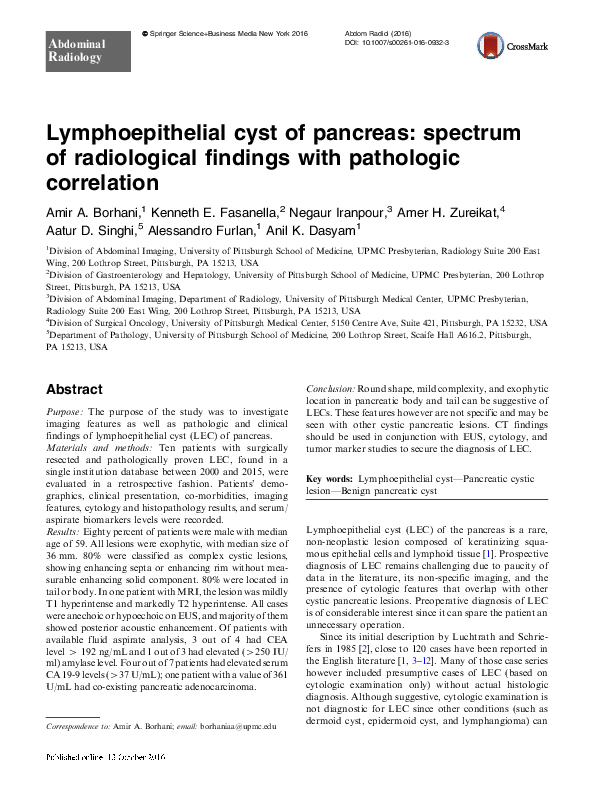 (PDF) Lymphoepithelial cyst of pancreas: spectrum of radiological ...