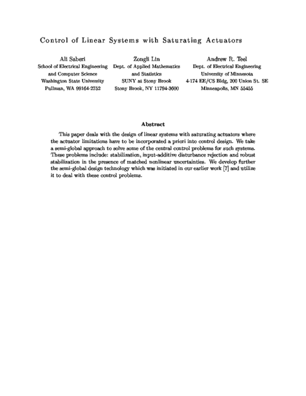 (PDF) Control of linear systems with saturating actuators