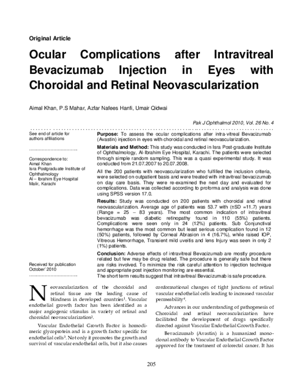 (PDF) Ocular Complications after Intravitreal Bevacizumab Injection in ...