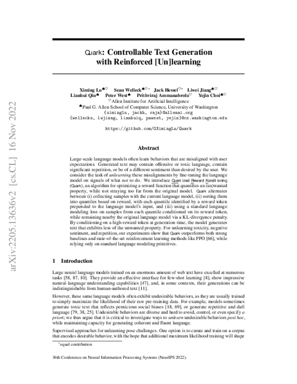 (PDF) Quark: Controllable Text Generation with Reinforced Unlearning