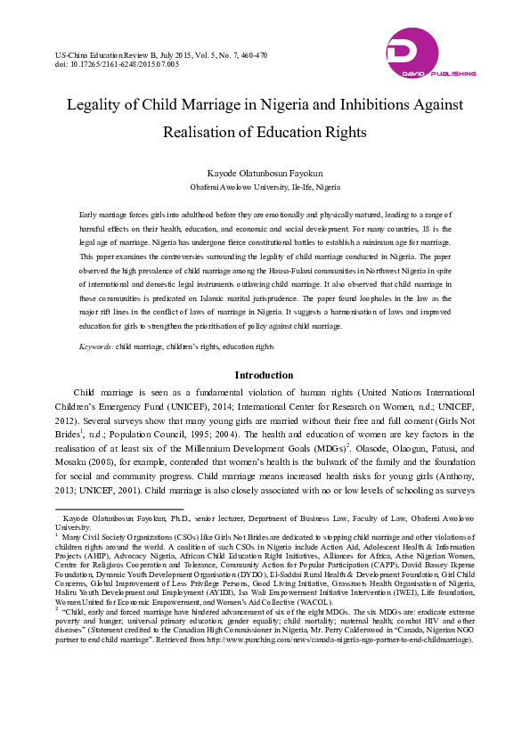 (PDF) Legality of Child Marriage in Nigeria and Inhibitions Against ...