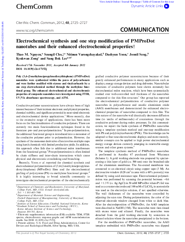 (PDF) Electrochemical synthesis and one step modification of PMProDot ...