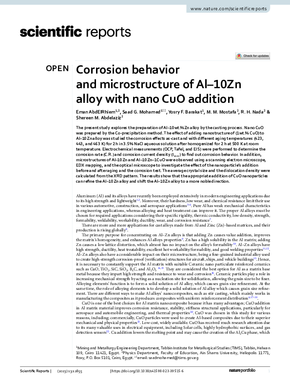 (PDF) Corrosion behavior and microstructure of Al–10Zn alloy with nano ...
