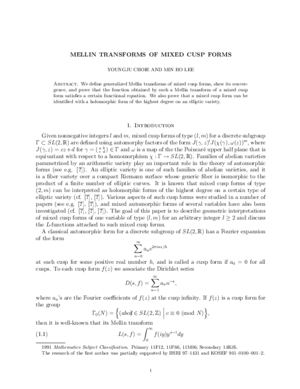 (PDF) Mellin Transforms of Mixed Cusp Forms