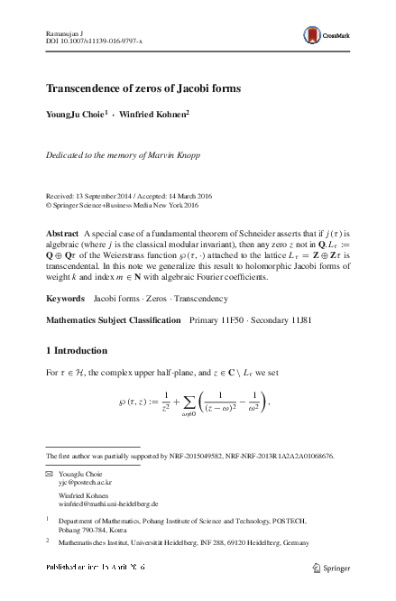 (PDF) Transcendence of zeros of Jacobi forms