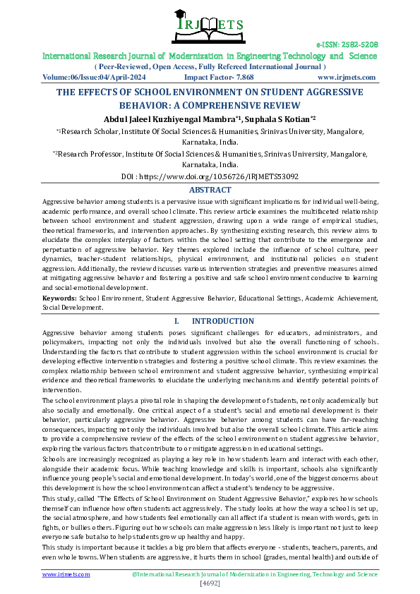 (PDF) THE EFFECTS OF SCHOOL ENVIRONMENT ON STUDENT AGGRESSIVE BEHAVIOR ...