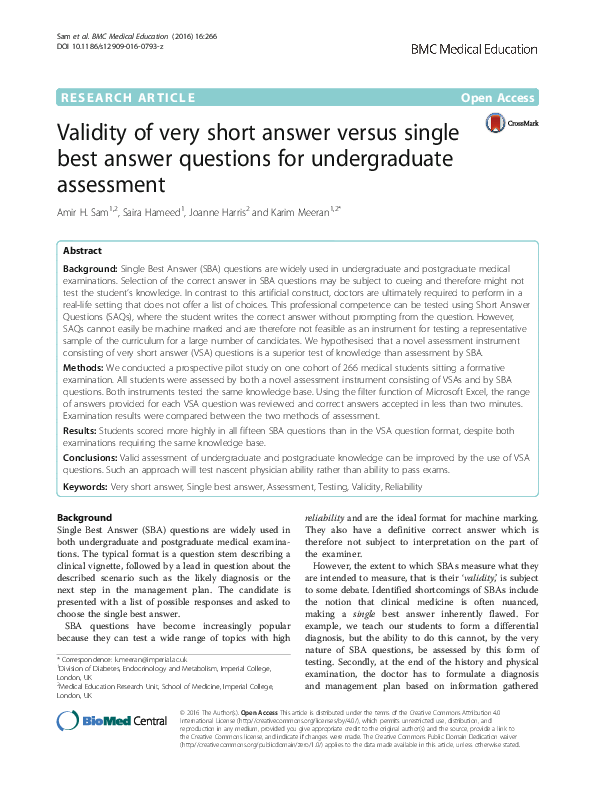 (PDF) Validity of very short answer versus single best answer questions ...