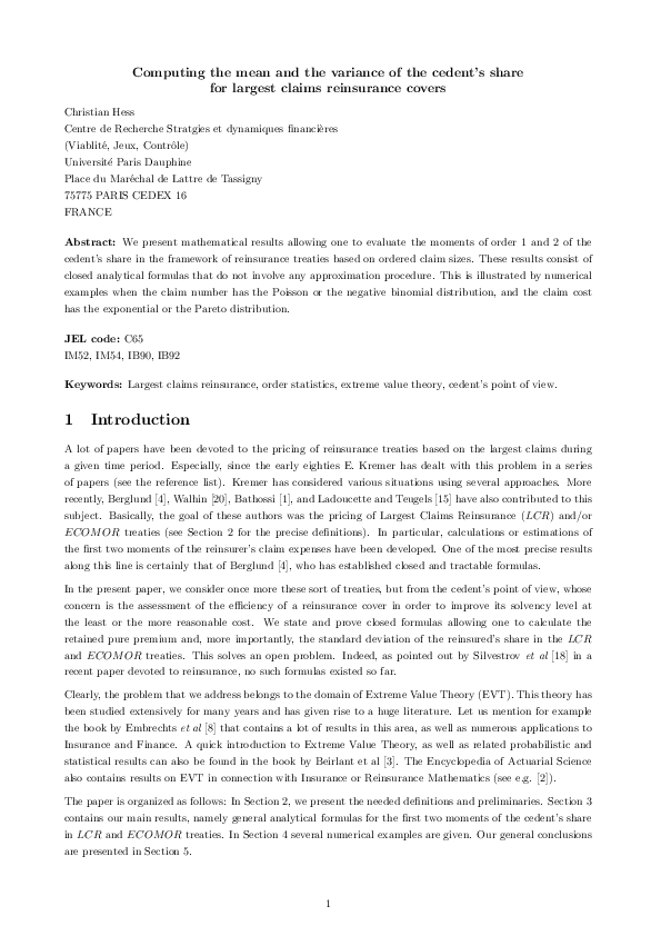 pdf computing the mean and the variance of the cedent s share for