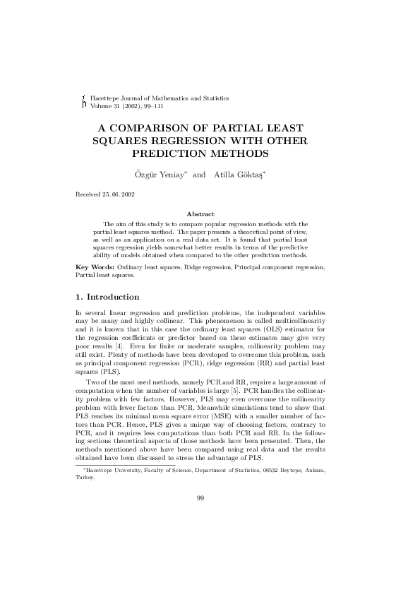 (PDF) A Comparison of Partial Least Squares Regression with Other ...