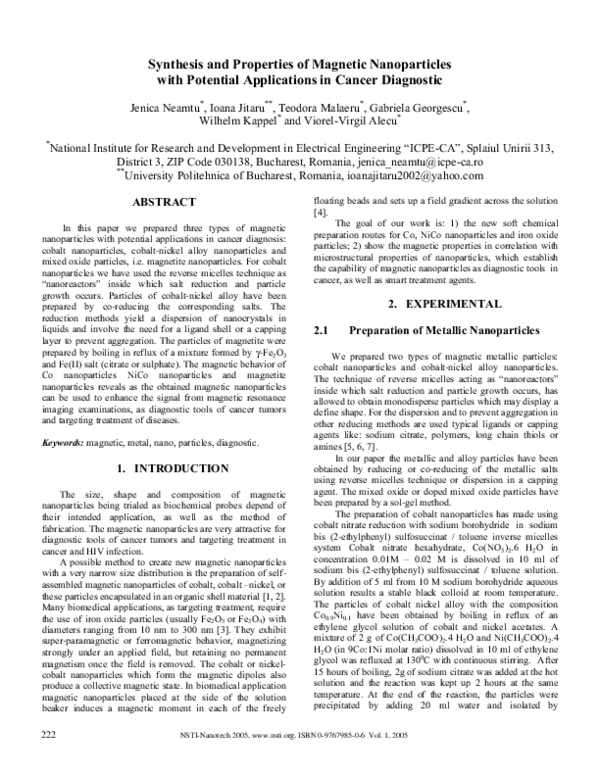 (PDF) Synthesis and Properties of Magnetic Nanoparticles with Potential ...