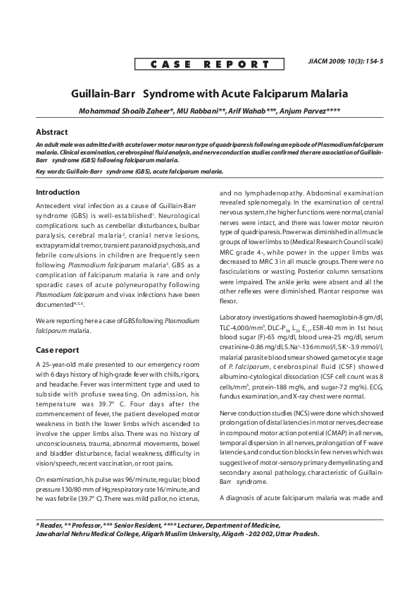Pdf Guillain Barre Syndrome With Acute Falciparum Malaria Mohammad Shoaib Zaheer Academia Edu