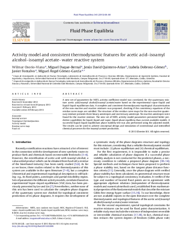 (PDF) Activity model and consistent thermodynamic features for acetic ...